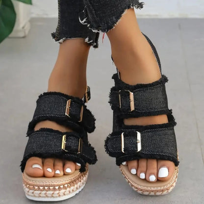 Eleganza Denim Wedge Sandals